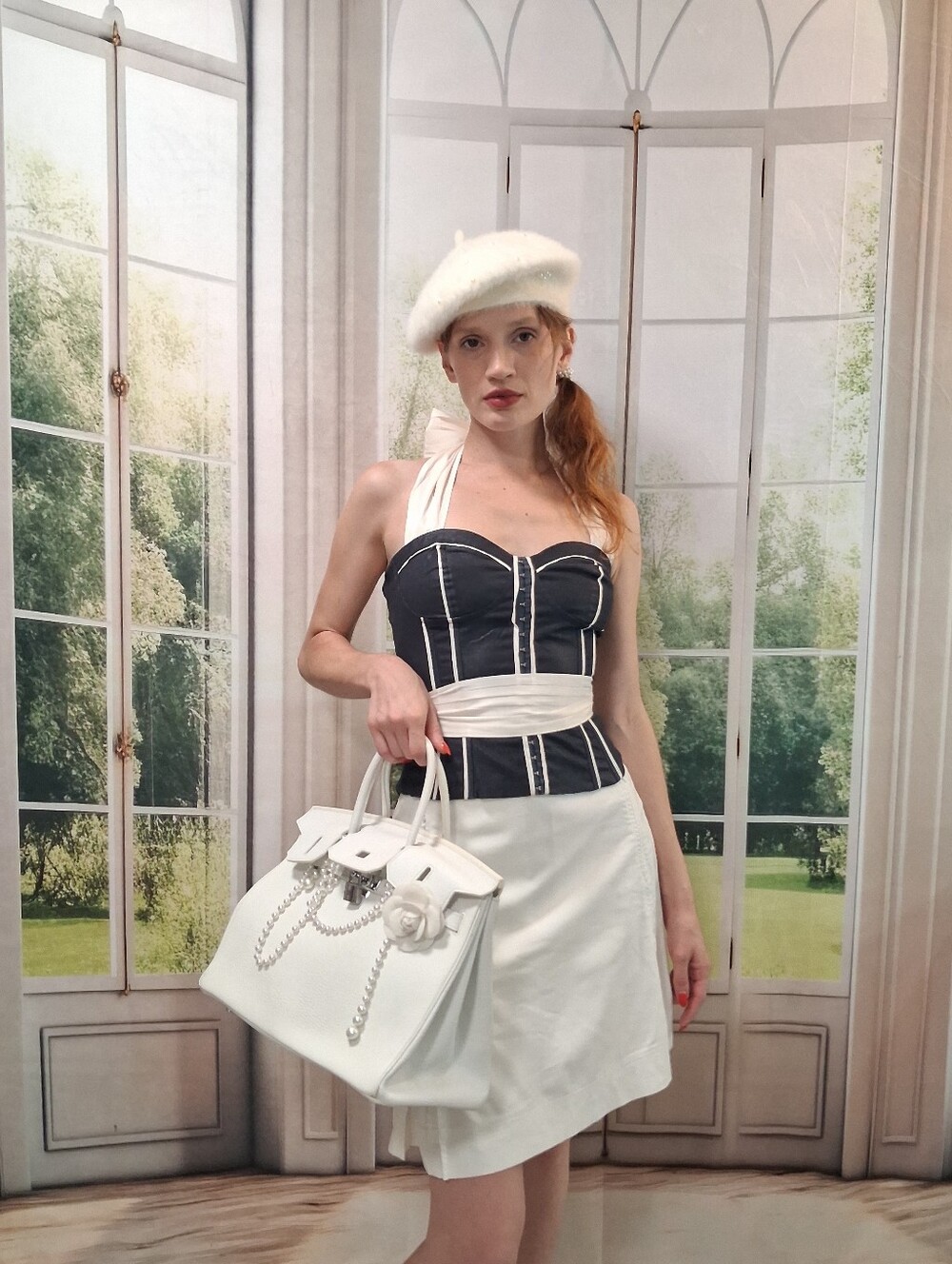 ​Vintage Chic Navy Structured Corset Bustier & Cummerbund Bow - S 🎀